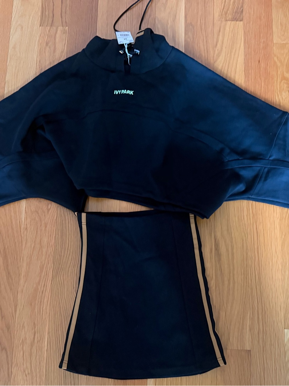 IVY PARK x Adidas 2020 Black Crop Hoodie and Black Skirt Set with Gold Stripes